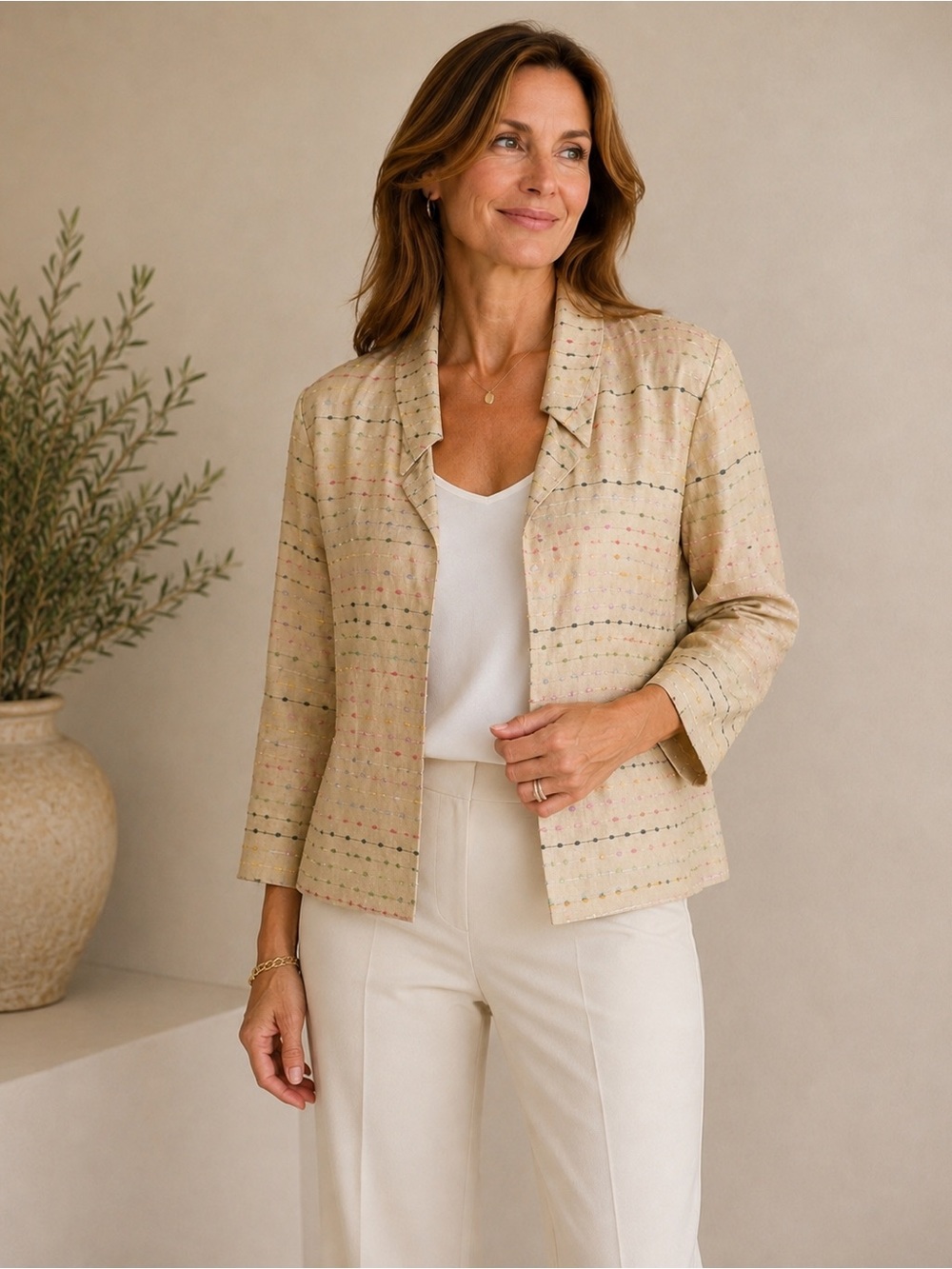 Peck & Peck Silk Blend Open Front Jacket Beige Confetti Stripe Sz 12 Career